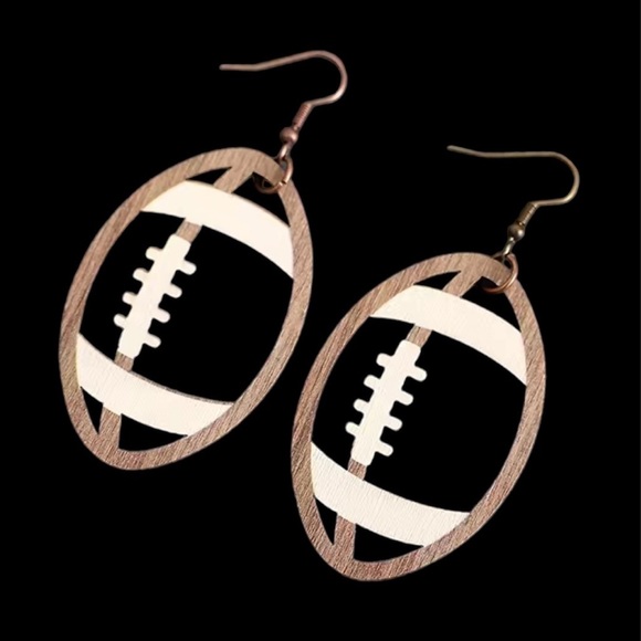 Hollow Football Wooden Drop Dangle Earrings - Picture 1 of 2